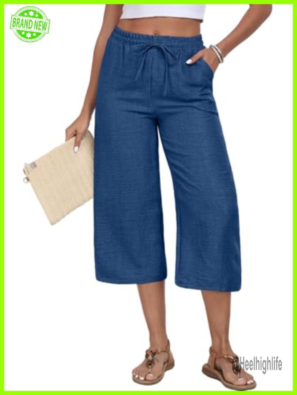 Women's Capri Pants Elastic Waist Drawstring Wide Leg 100% Polyester Summer